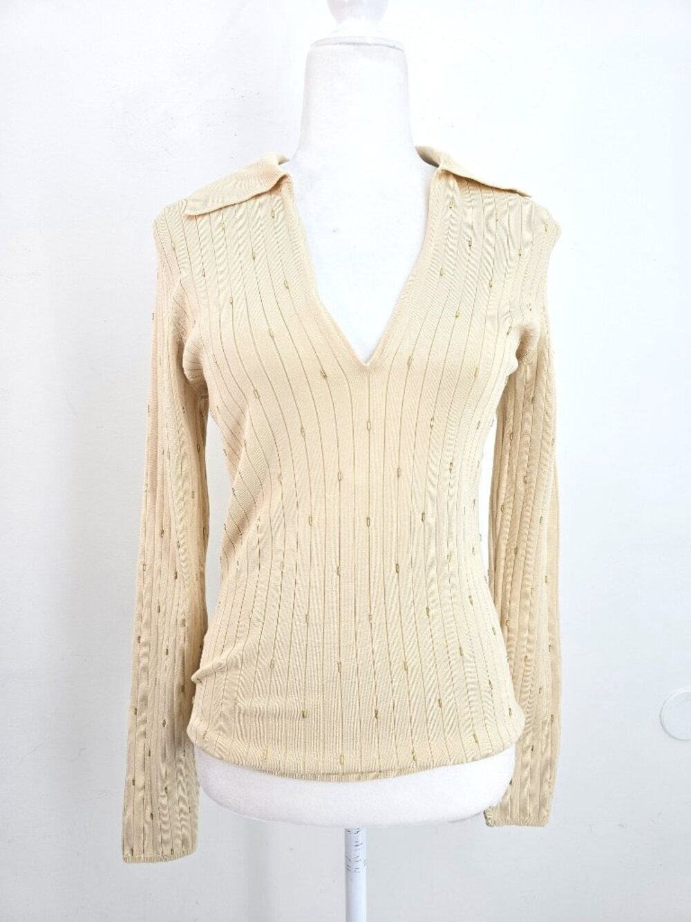 Vintage 90s Y2K V Neck Ribbed Knit Silk Beige Beaded Long Sleeve Top Women M